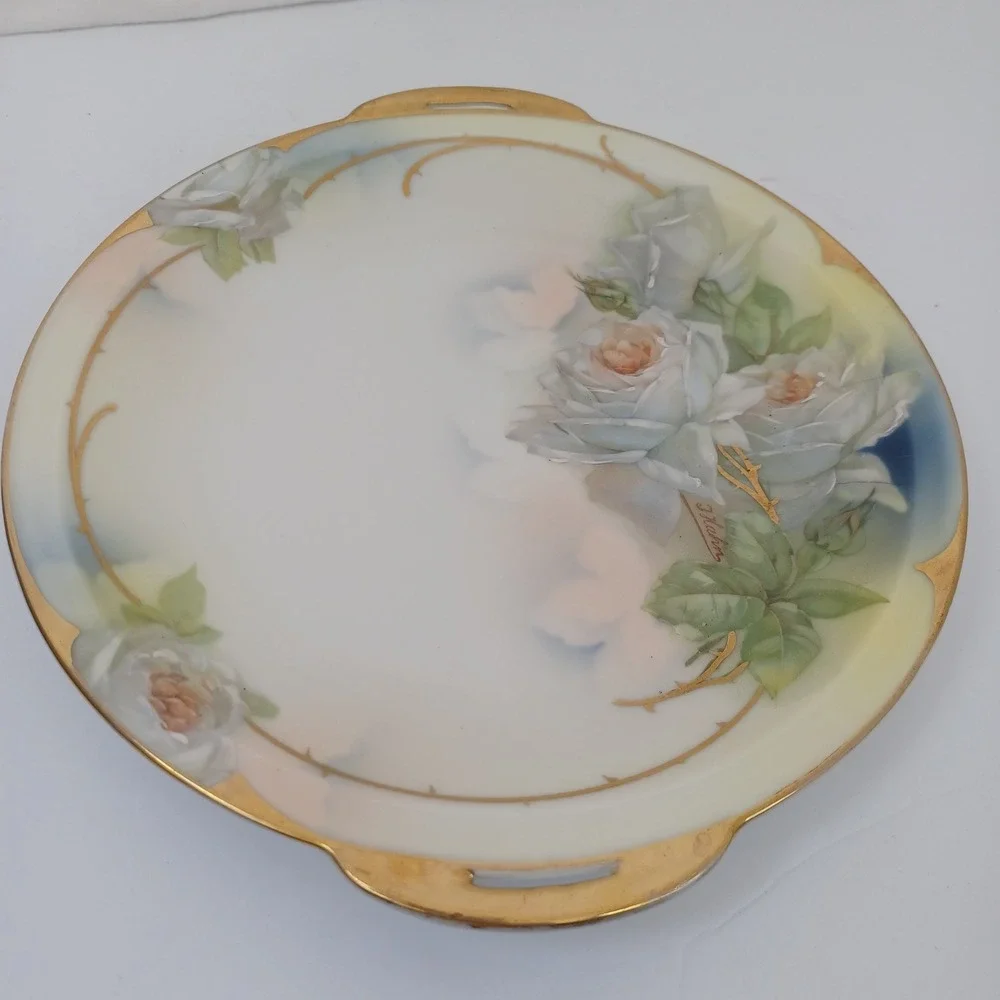 Royal Rudolstadt Hand‎ Painted Prussia Plate White Roses Gold Trim Handles